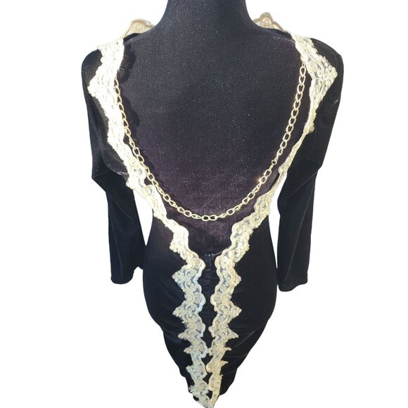 Wow Luxurious Embroidery Velvet Lace Gold Chain Party Prom Runway Designer Dress - Picture 11 of 16